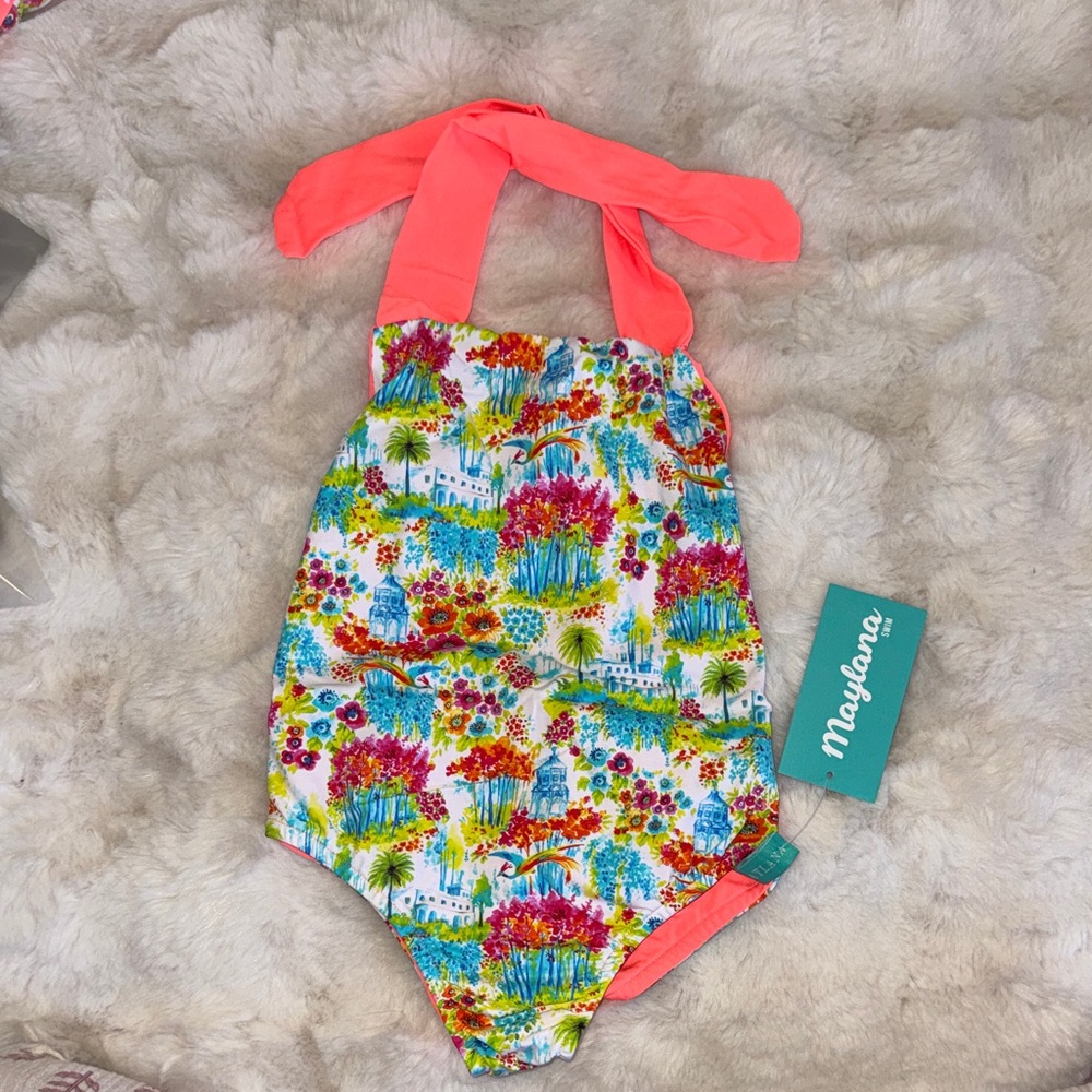 Kids One Piece Swimsuit - Vibrant Floral with Pink Straps
